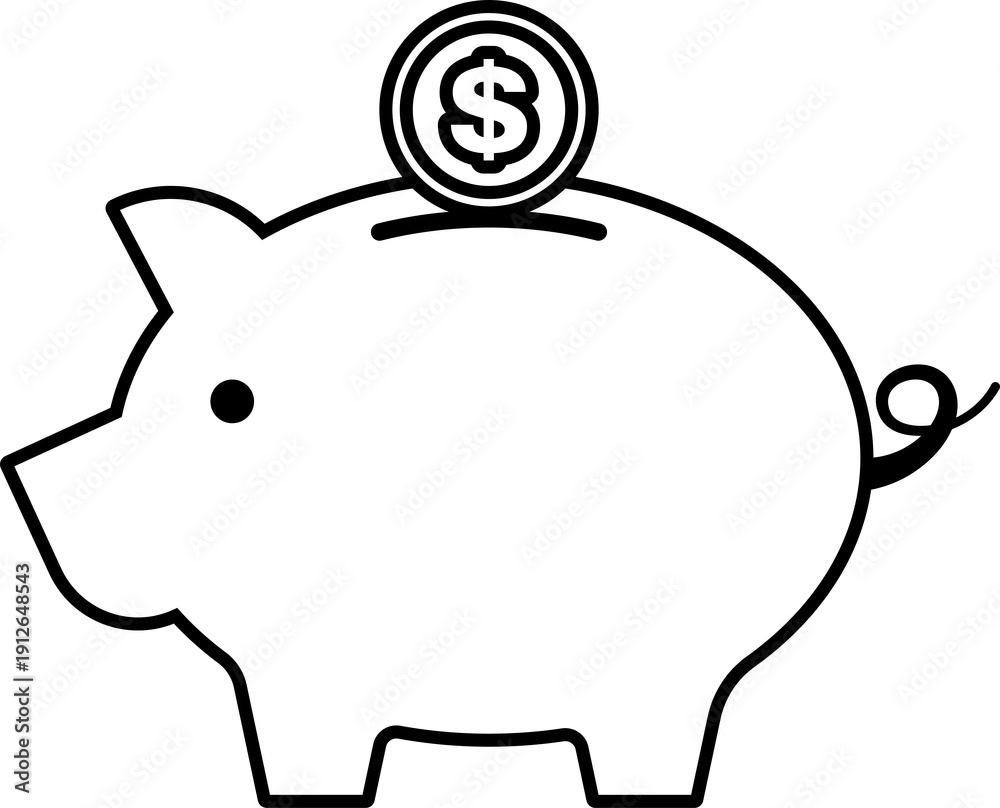 Obraz premium Piggy bank outline PNG. Piggy bank icon transparent PNG. Piggy bank vector illustration. Piggy bank line drawing. Money, saving, and banking concepts.