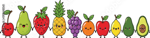 Cute kawaii fruit characters vector illustration set with smiling apple banana strawberry pineapple avocado and colorful healthy food mascots