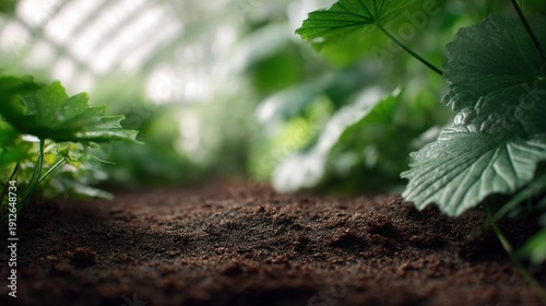 Close-up of a garden bed with soil and plants growing in it. the soil is dark brown and appears to be freshly dug up. on the right side of the image, there is a large green leaf with a pointed tip.