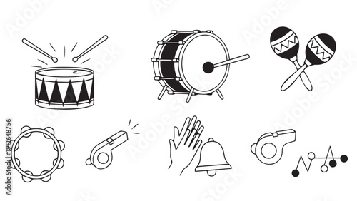 Collection of various musical instruments including drums, tambourine, and maracas in a simple line art style.