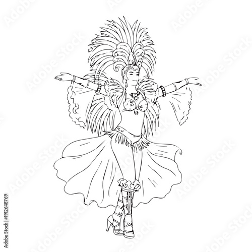 Elegant fantasy ballet dancer in elaborate feather headdress wearing a flowing tutu on stage.