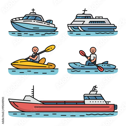 Nautical Variety: An array of watercraft glides across the water, each offering a unique aquatic adventure from swift speedboats to serene kayaks, highlighting the versatility of marine transport.