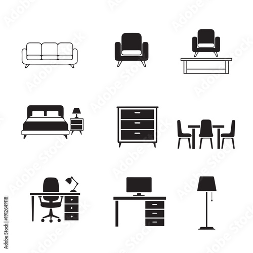 Set of monochrome home furniture icons showcasing sofa, chairs, bed, desk, dresser, table, dining and lamp in a minimalist style.