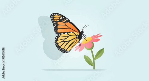 Vibrant monarch butterfly on a delicate pink and yellow flower