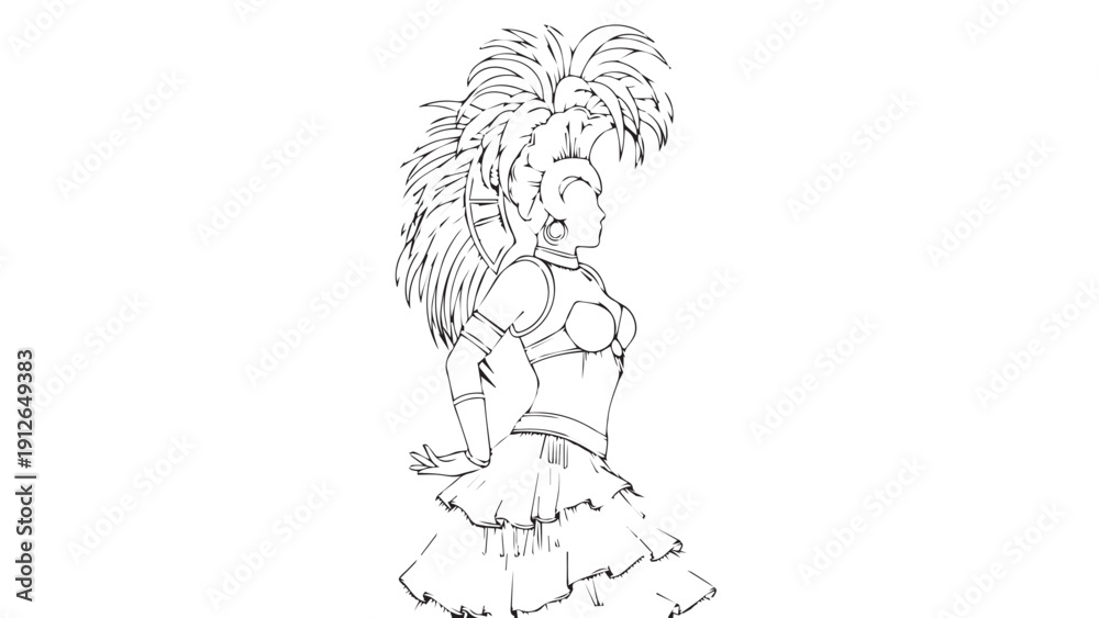 Fototapeta premium Sketch of a smiling girl in a short frilly dress with a ponytail.