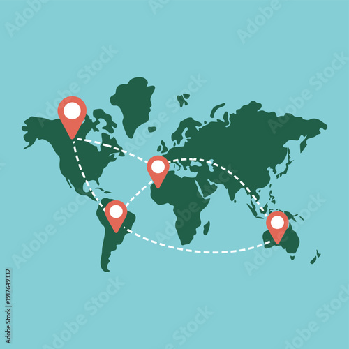 Travel around the world vector map, airplane route illustration, global flight path connections, minimalist blue background, international airline navigation graphic, travel and tourism concept artwor