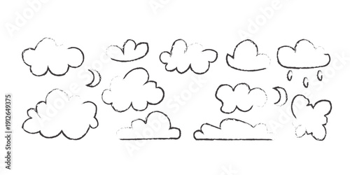 A collection of hand drawn cloud illustrations in various shapes and forms