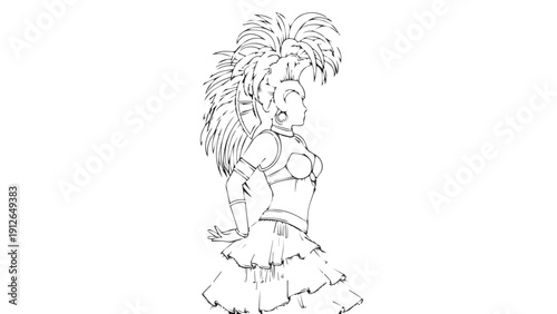 Sketch of a smiling girl in a short frilly dress with a ponytail.