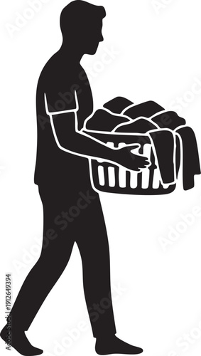 Person carrying a laundry basket silhouette isolated on white background minimalist housekeeping and laundry day illustration