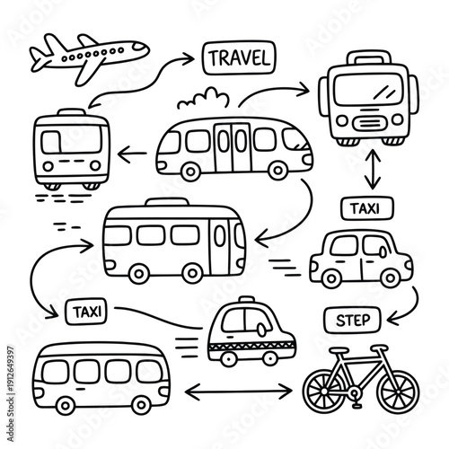 Journey Pathfinder: A hand-drawn illustration depicting a dynamic transport network, guiding viewers through diverse modes of transportation and the exciting possibilities of travel.