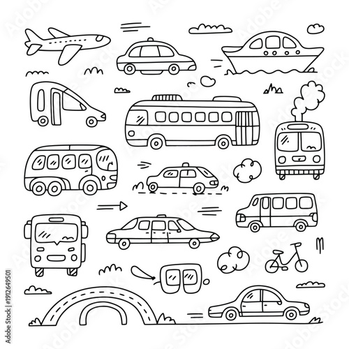 Doodle Transport Collection: A whimsical, hand-drawn assortment of various transportations, embodying playful creativity and the spirit of exploration.