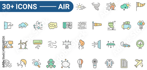 Collection of diverse icons representing various air-related concepts and symbols in a graphic illustration style