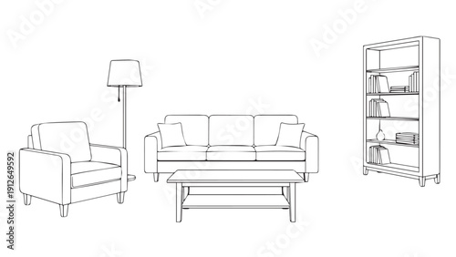 Minimalist living room furniture sketch featuring sofa, armchair, lamp, and shelving unit.