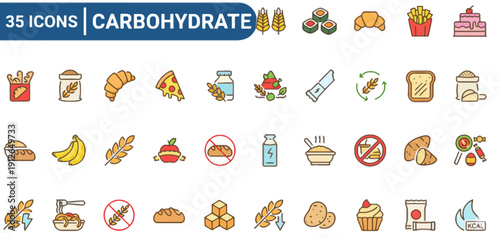 Collection of carbohydrate icons featuring various food items and symbols