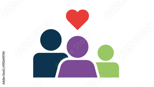 Community and Family Love Icon. Diverse Group of People with Red Heart Symbolizing Support, Inclusion, Unity, and Social Relationships.