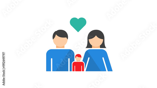 Nuclear Family Icon with Heart Symbol. Flat vector illustration of mother, father, and child representing love, unity, and relationship.