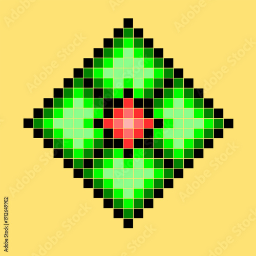 8-bit pixel art diamond gem icon with green facets and red center