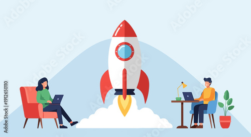 Two individuals work remotely as a rocket launches upwards behind them