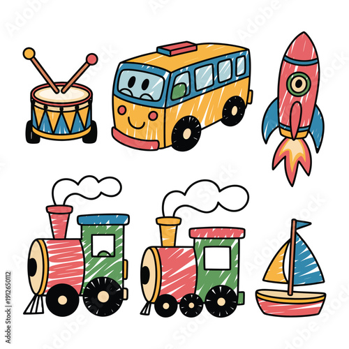 Childhood Dreamscape: A vibrant, hand-drawn collection of classic toys, igniting imagination and youthful wonder, featuring a drum, bus, rocket, and trains.
