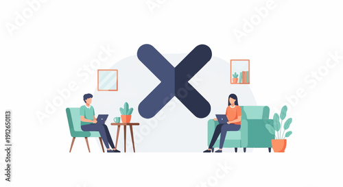 Two individuals working on laptops in a home environment with a large X