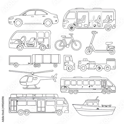 Variety of Transport: A collection of various transport vehicles, each meticulously drawn in line art, showcases the diversity of movement options