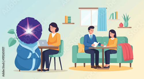 Two scenes of people working and socializing in comfortable settings