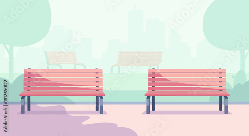 Two inviting park benches in a serene cityscape, under soft green trees