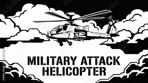military attack helicopter aviation aircraft black and white rotor flight through dramatic sky clouds at high altitude along sharp horizon showing defense transport aerospace engine pilot