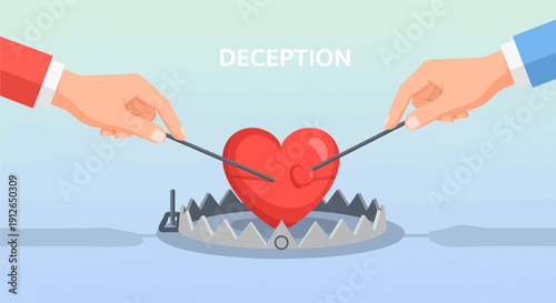 Two hands manipulate a heart suspended above a trap, symbolizing deception