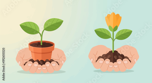Two hands nurturing plants one in a pot, the other blooming