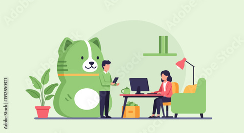 Two people working in an office with a large cartoon dog and plants