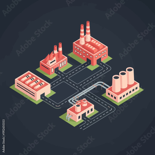 Isometric illustration of an industrial complex with interconnected factories and pipelines.