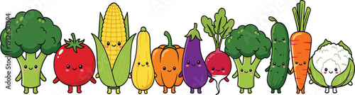 Cute kawaii vegetable characters vector illustration set with smiling healthy food mascots, colorful cartoon veggies for kids nutrition, education, and playful design