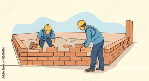 Two builders in hard hats construct a brick wall on a construction site