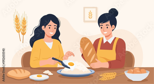 Two women are preparing food on a table with bread, eggs and wheat