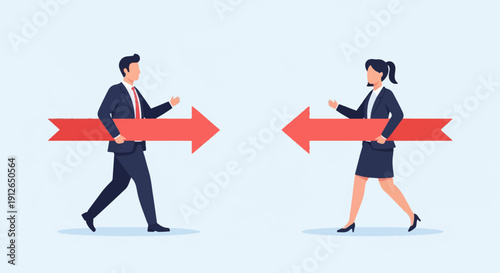 Two business people holding red arrows moving towards each other