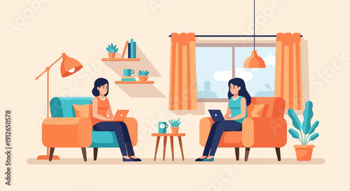 Two women are sitting in chairs using their laptops