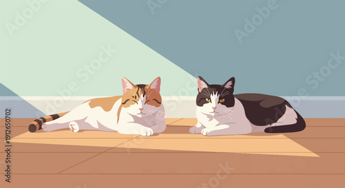 Two cats bask in sunlight on a wooden floor with a blue wall