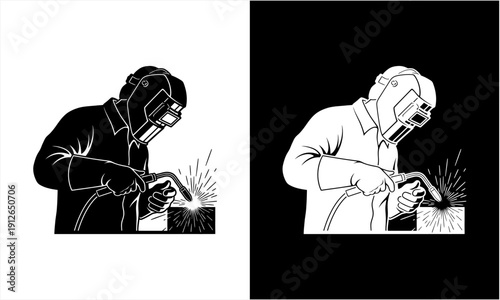 Skilled welder in protective gear performing welding work with sparks flying.