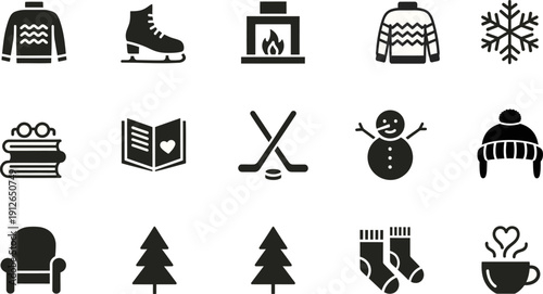 Winter season icon set with cozy holiday symbols in flat black style
