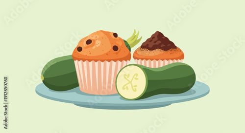 Two chocolate chip muffins and a sliced zucchini on a plate