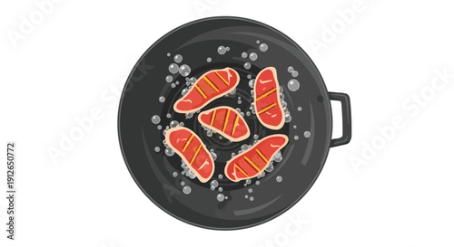Visualizing succulent cuts of meat sizzling in a heated skillet, depicting the satisfying essence of culinary preparation and delicious meal creation.
