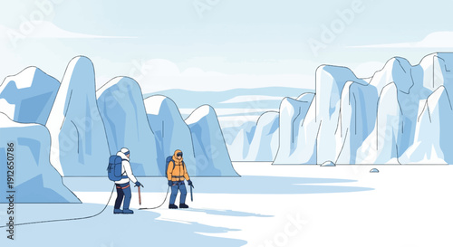 Two climbers trek across a vast, icy landscape with towering glacial formations