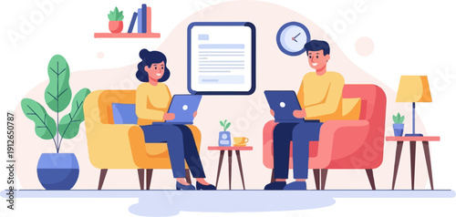 Two people work on laptops while sitting comfortably in armchairs at home