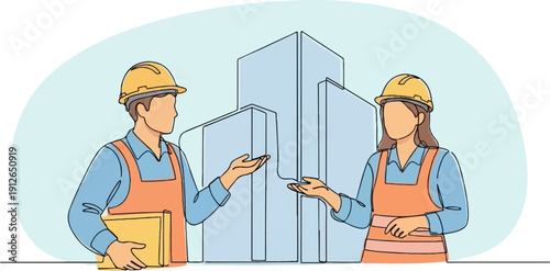 Two construction workers, one holding a blueprint, discuss a building project