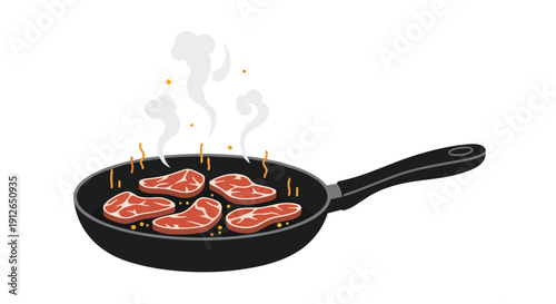 Dynamic illustration showing fresh cuts of red meat sizzling vigorously in a non-stick frying pan, producing enticing steam and oil splatters for a