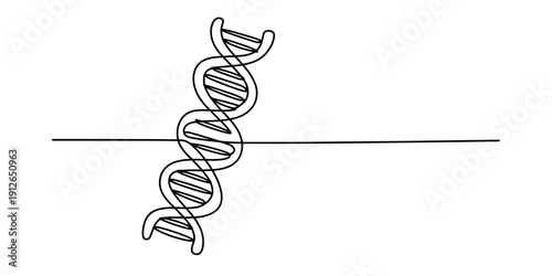 Black and white line art illustration of a dna double helix intersected by a horizontal line. Vector, illustration