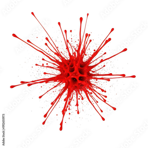 A vibrant explosion of red splatters creating an abstract and dynamic visual effect.
