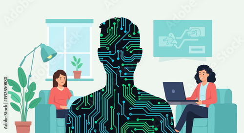 Two women collaborate in a digitally infused room, centered around a human silhouette