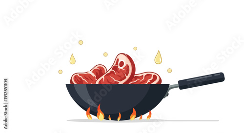 A lively vector illustration depicting raw meat steaks actively cooking in a sizzling hot pan, positioned directly over vibrant flames, featuring